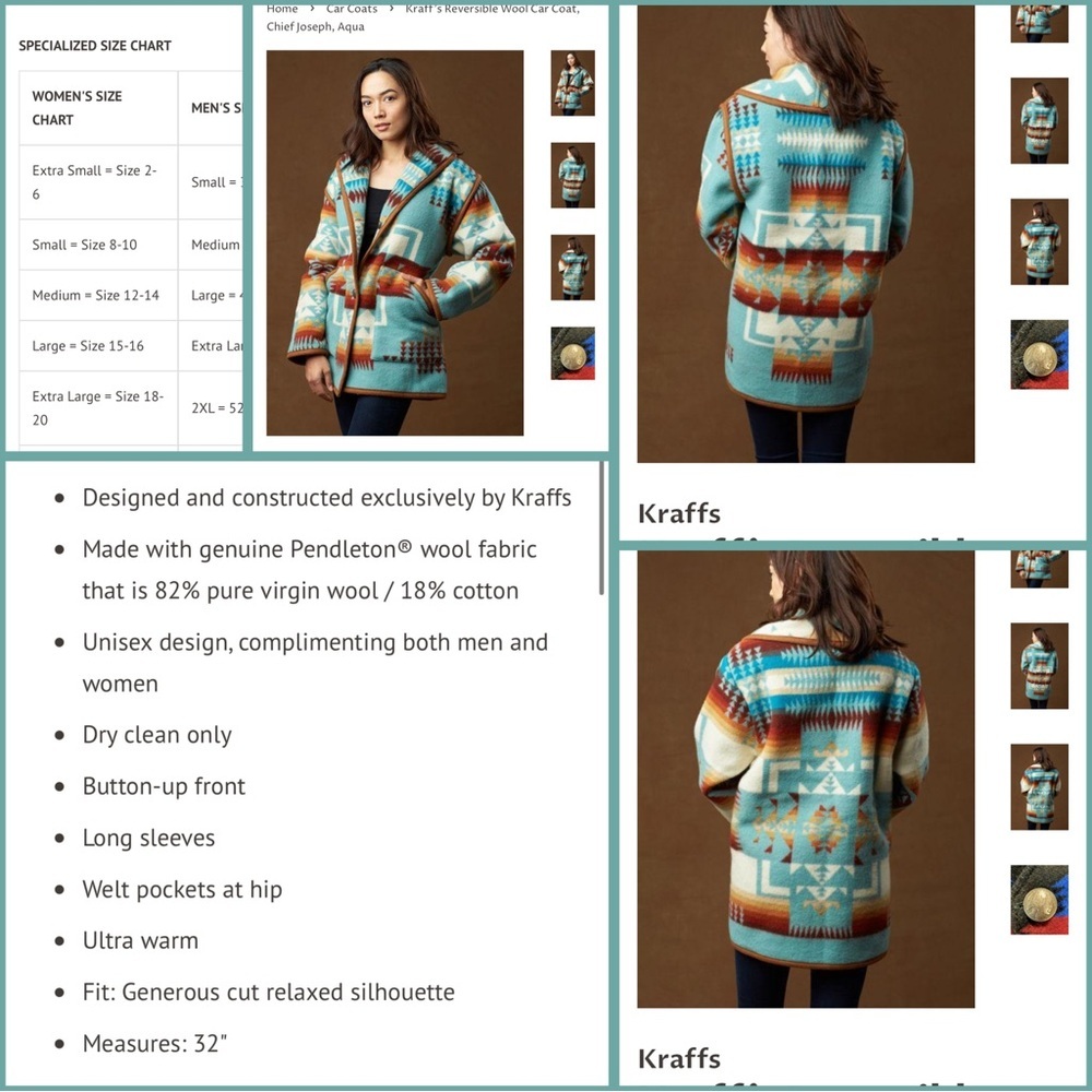 Justin Kraff Reversible Wool Car Coat Southwestern Oversized 12-14 Medium/Large - Picture 15 of 16